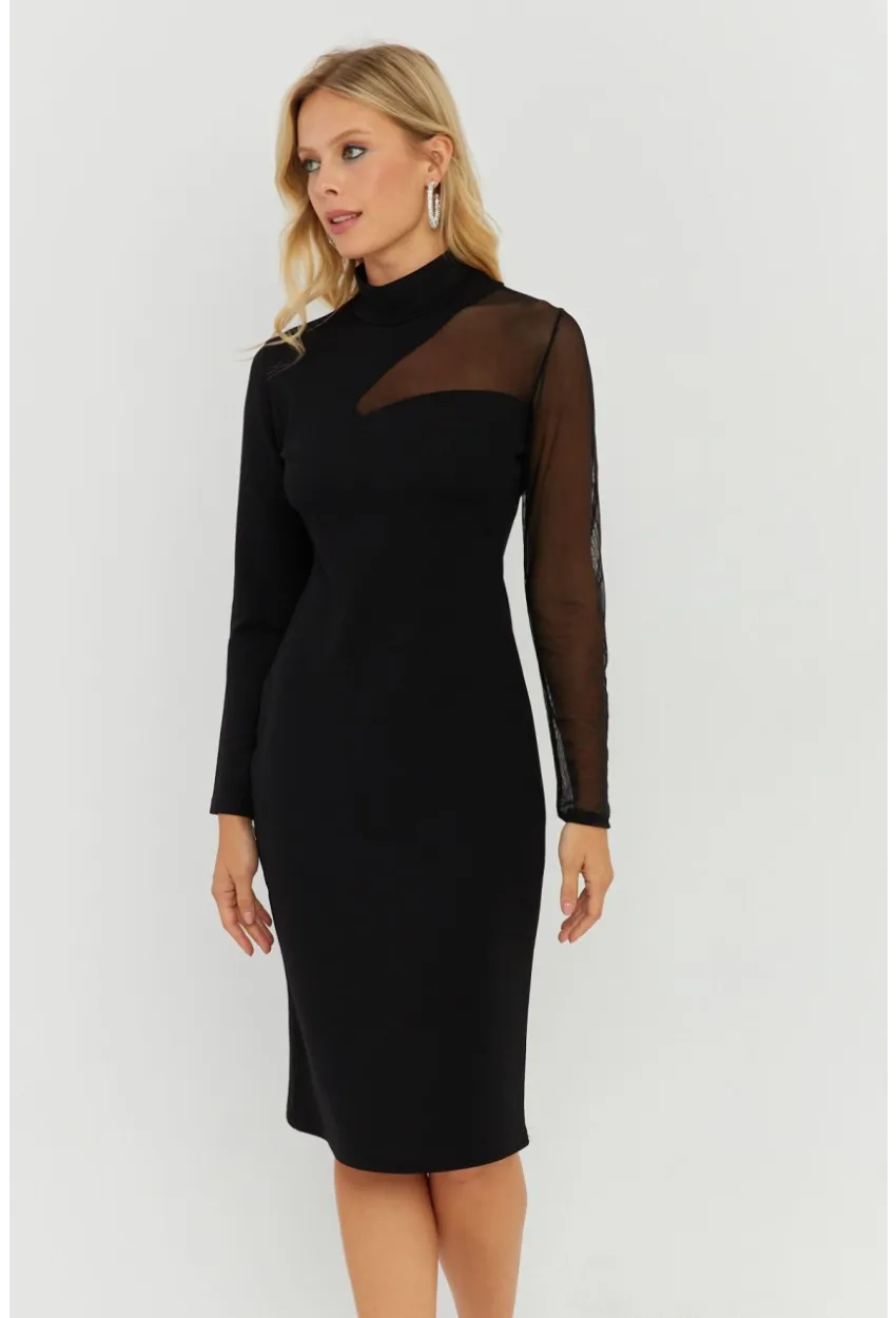 Kadın Siyah Tül Detaylı Midi Elbise ST5022
