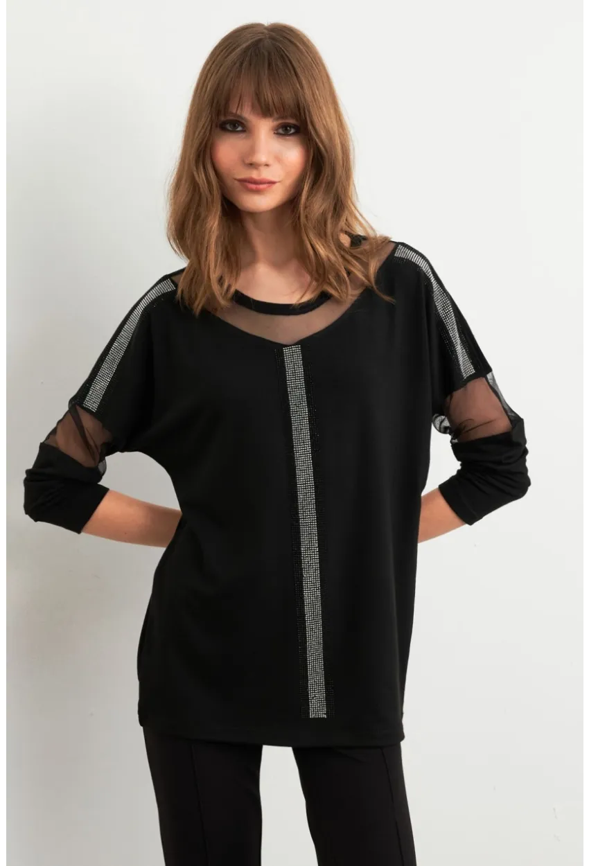 Kadın Siyah Tül Detaylı Taşlı Bluz PRO4050
