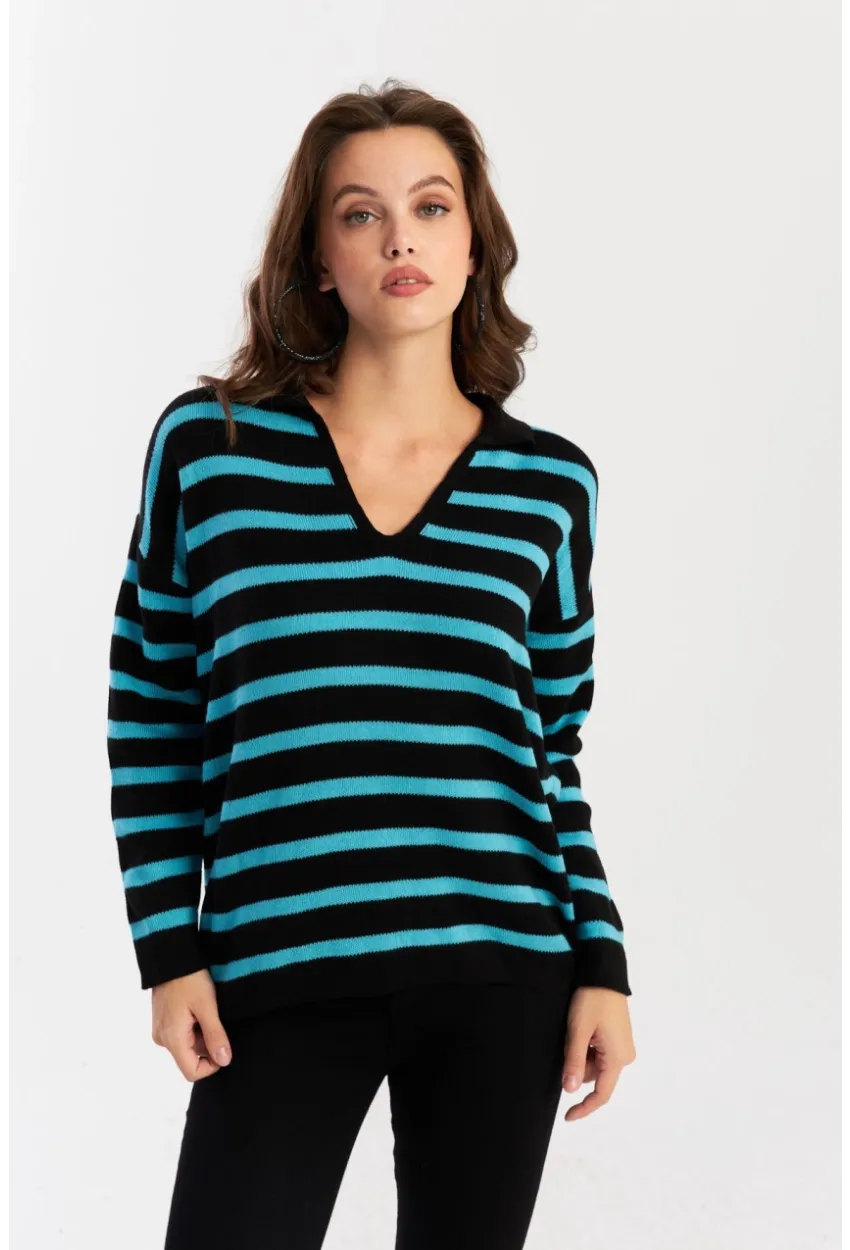 Kadın Siyah-Turkuaz Polo Yaka Çizgili Triko Kazak SE01