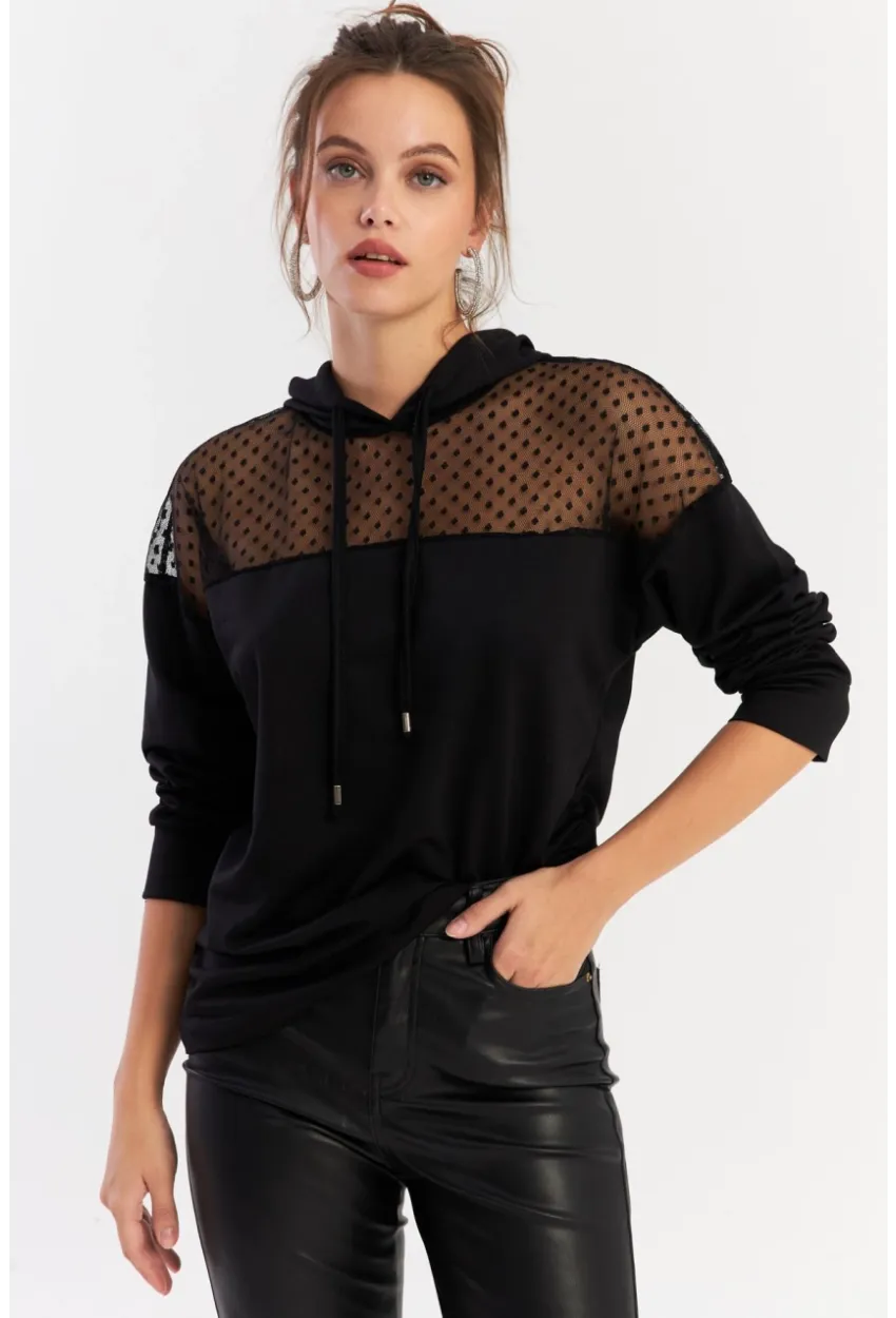 Kadın Siyah Üstü Tül Kapüşonlu Sweatshirt EY2934