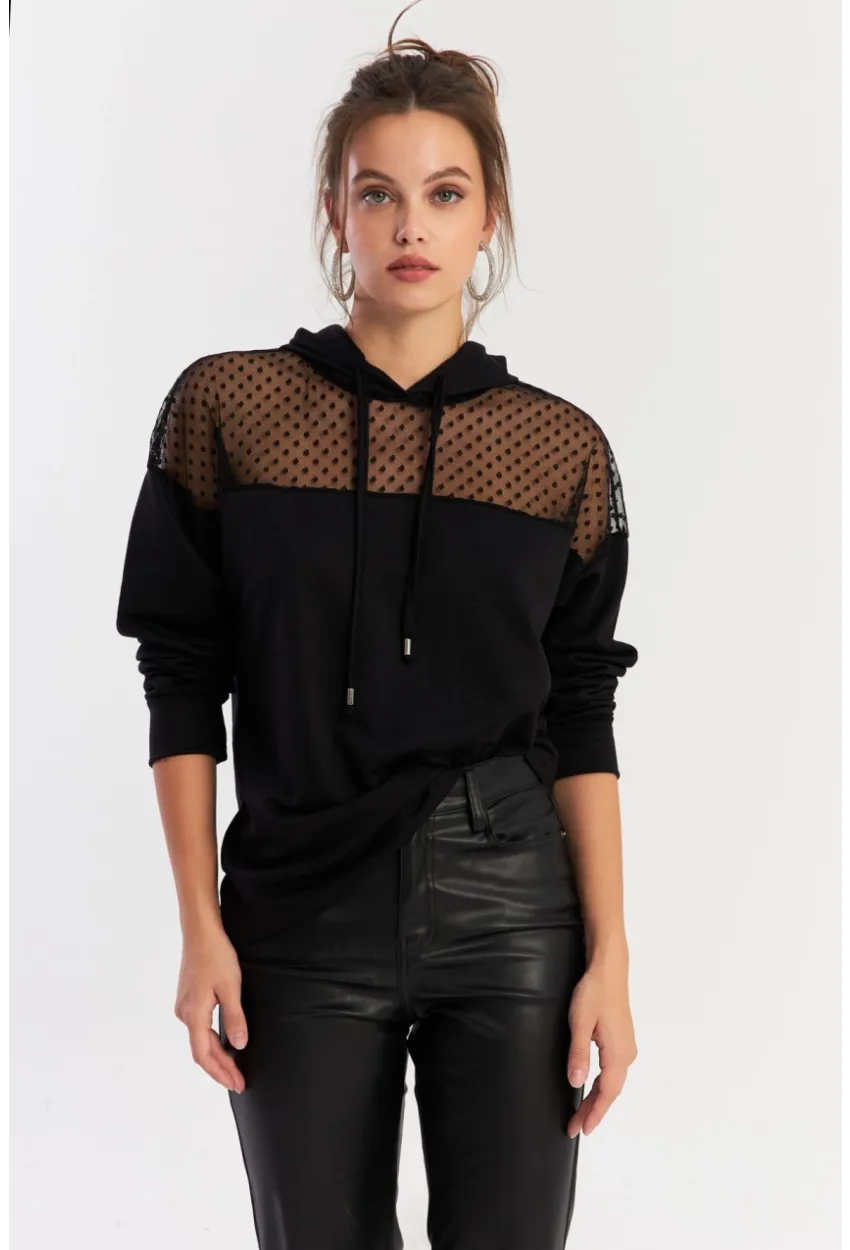 Kadın Siyah Üstü Tül Kapüşonlu Sweatshirt EY2934