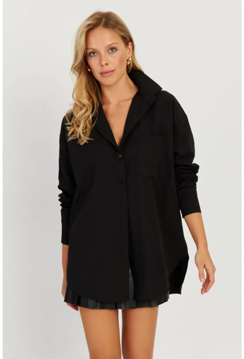 Kadın Siyah Uzun Basic Gömlek SF2535