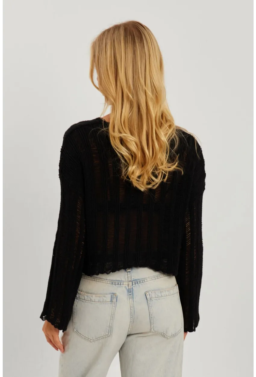 Kadın Siyah V Yaka Ajurlu Triko Bluz YV233