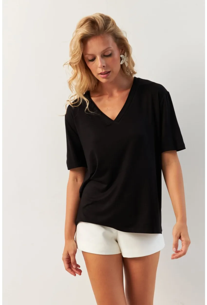 Kadın Siyah V Yaka Bluz RX441