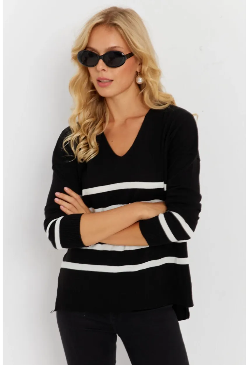 Kadın Siyah V Yaka Çizgili Triko Kazak YİL550