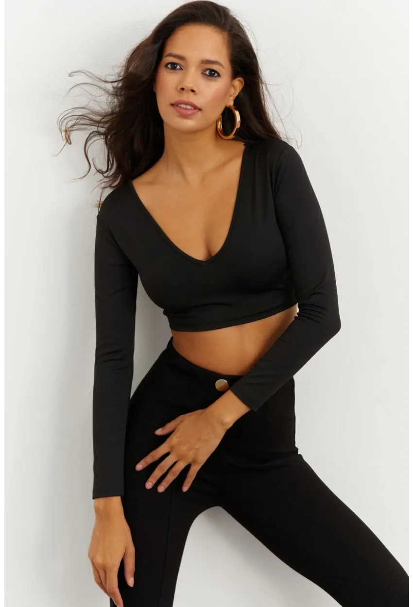 Kadın Siyah V Yaka Crop Bluz CG265