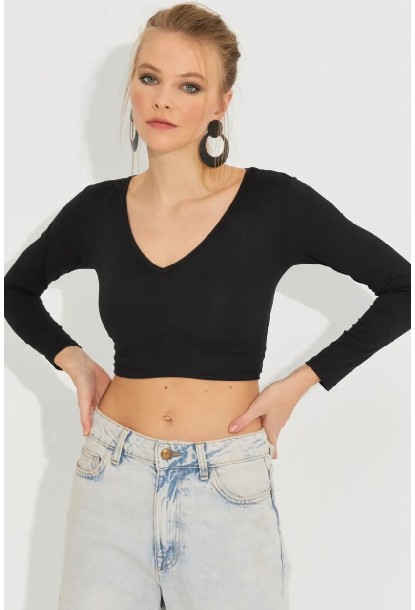 Kadın Siyah V Yaka Crop Bluz LPP1241