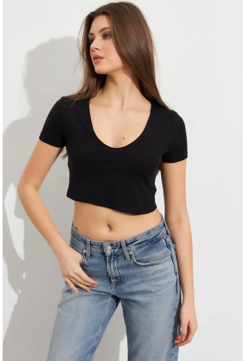 Kadın Siyah V Yaka Crop Bluz TOP101