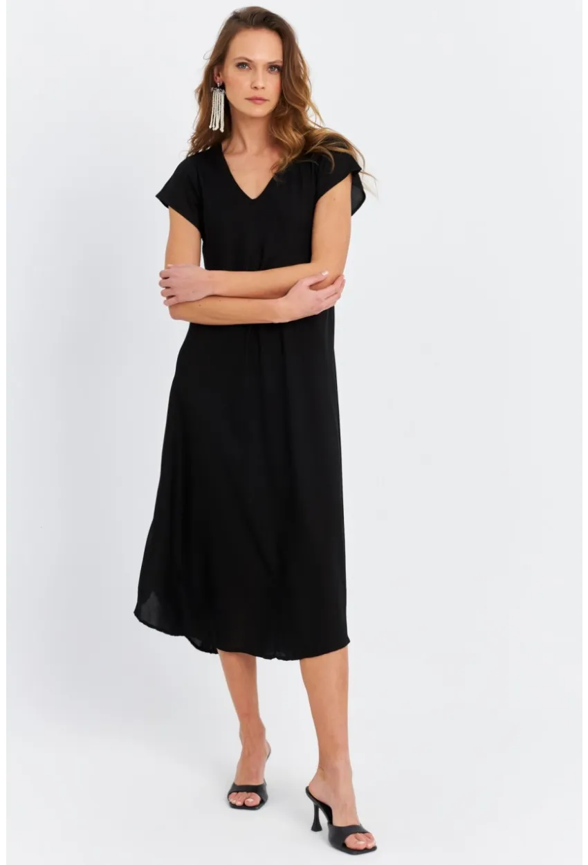 Kadın Siyah V Yaka Midi Elbise PC22649