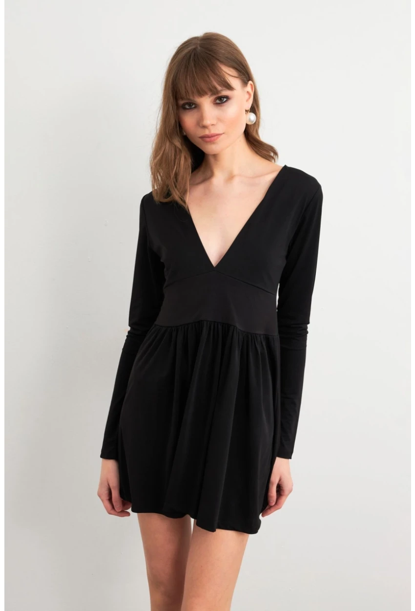 Kadın Siyah V Yaka Mini Elbise LİK17