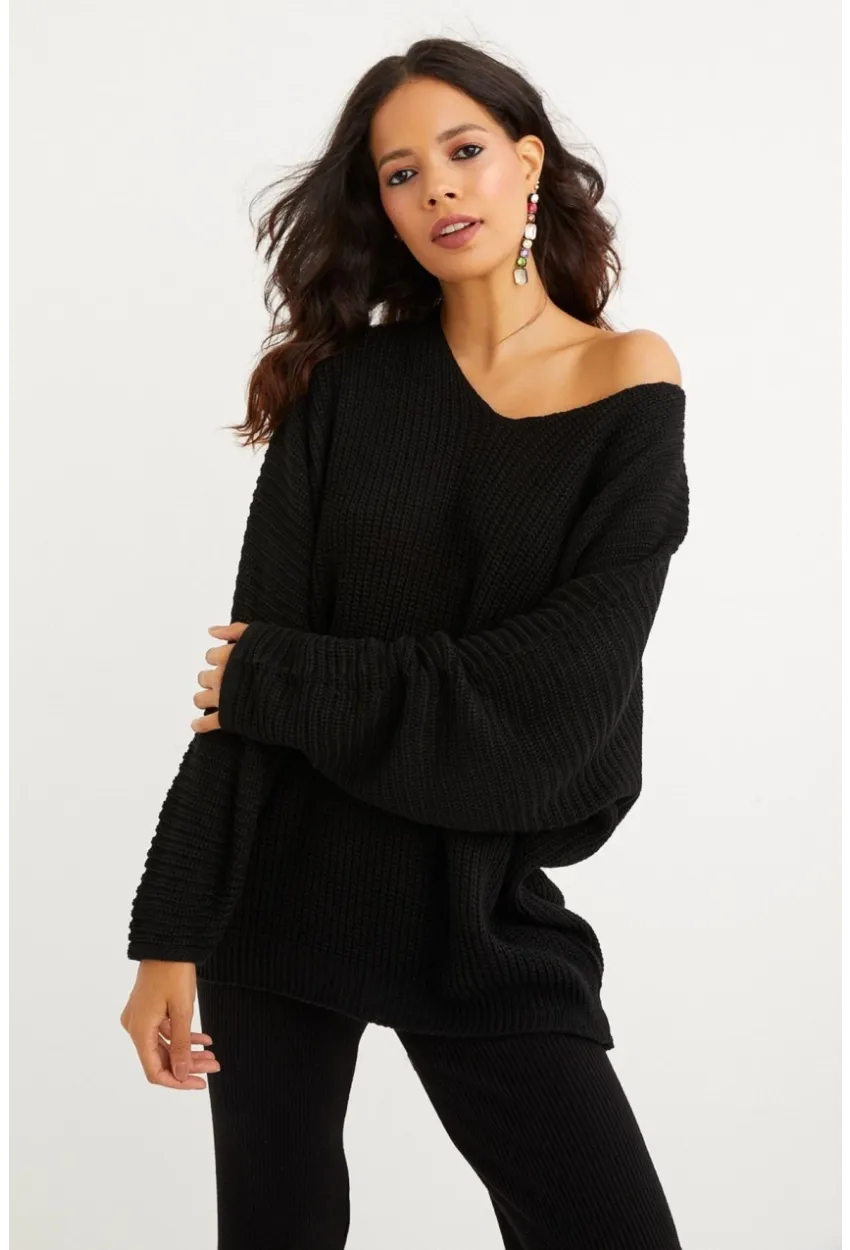 Kadın Siyah V Yaka Salaş Oversize Triko Tunik SMT158