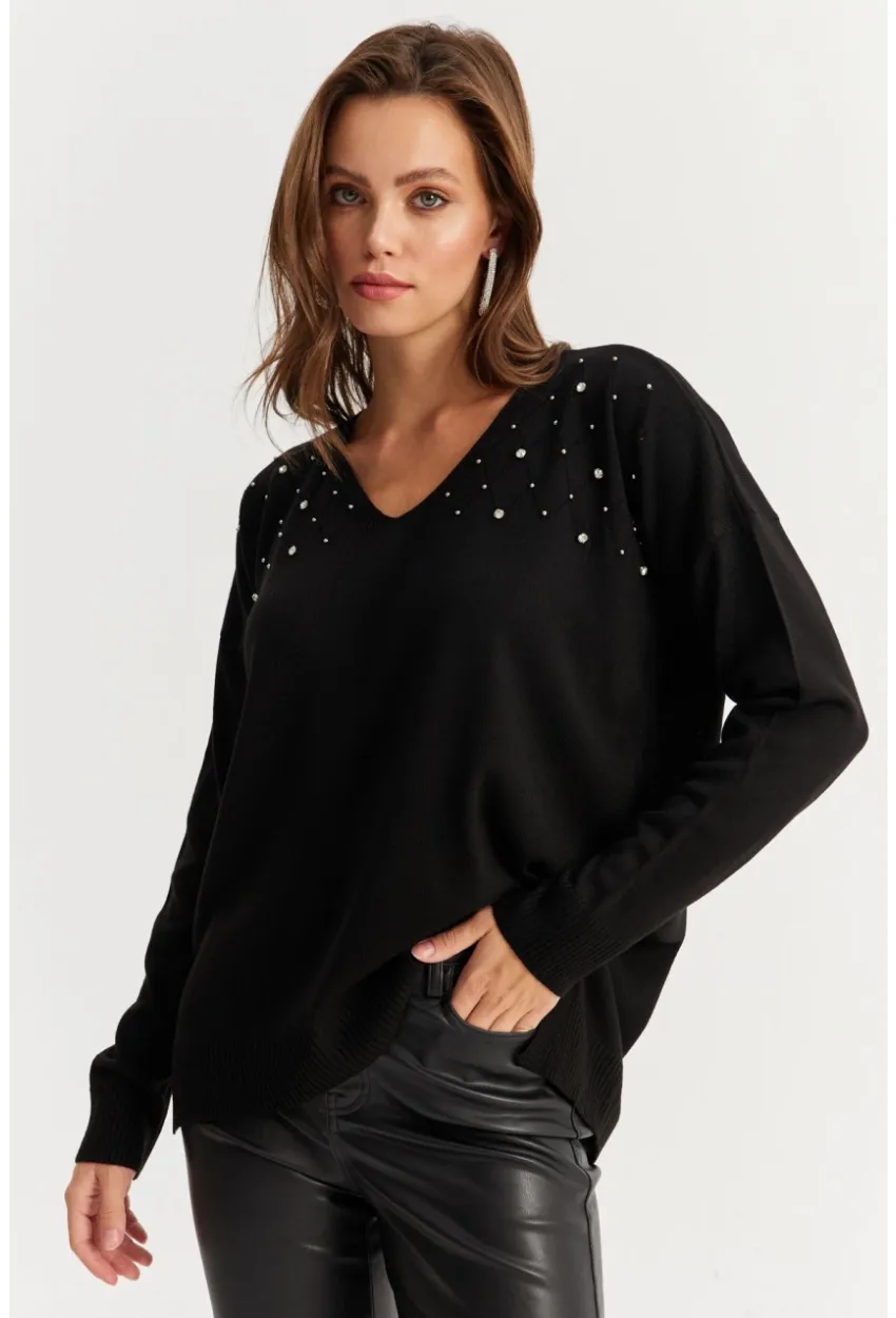 Kadın Siyah V Yaka Taşlı İnce Triko Bluz YİL002