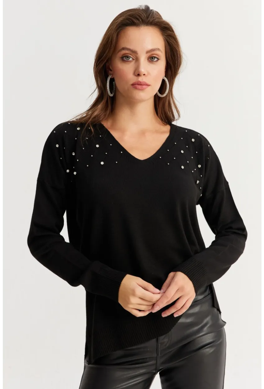 Kadın Siyah V Yaka Taşlı İnce Triko Bluz YİL002