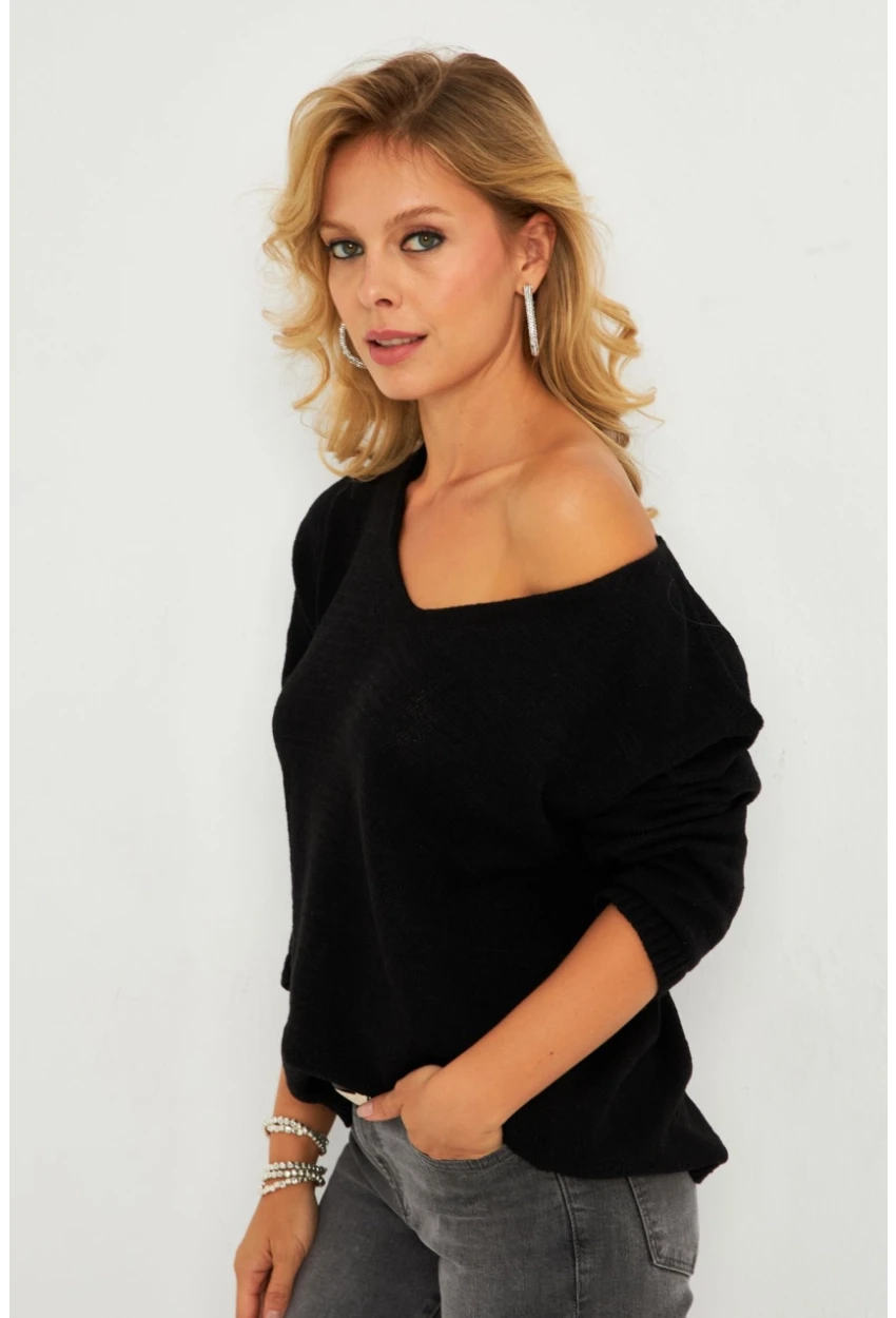 Kadın Siyah V Yaka Triko Bluz YV282