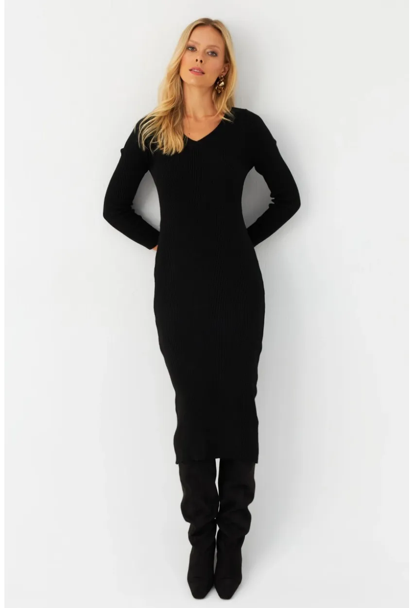 Kadın Siyah V Yaka Triko Midi Elbise YİL560