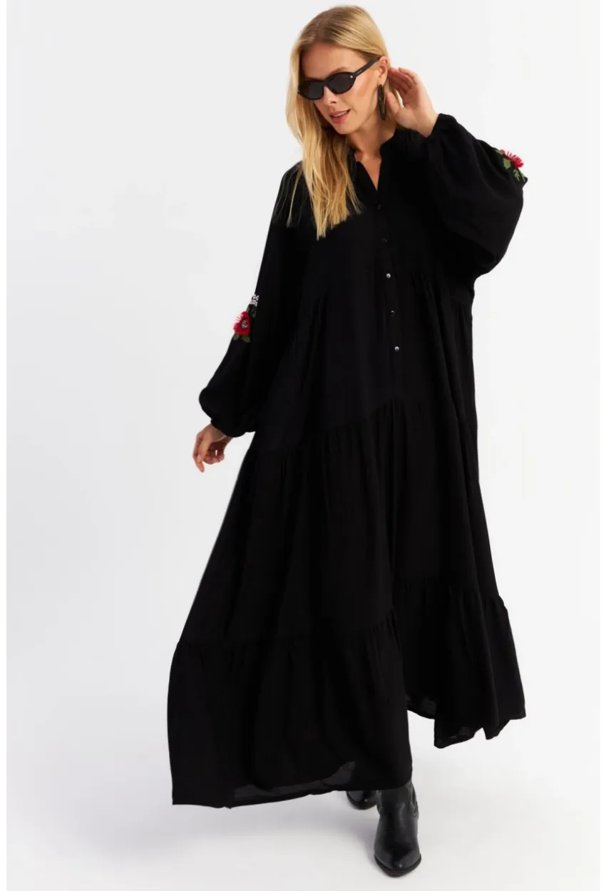 Kadın Siyah Volanlı Maxi Elbise MALO9