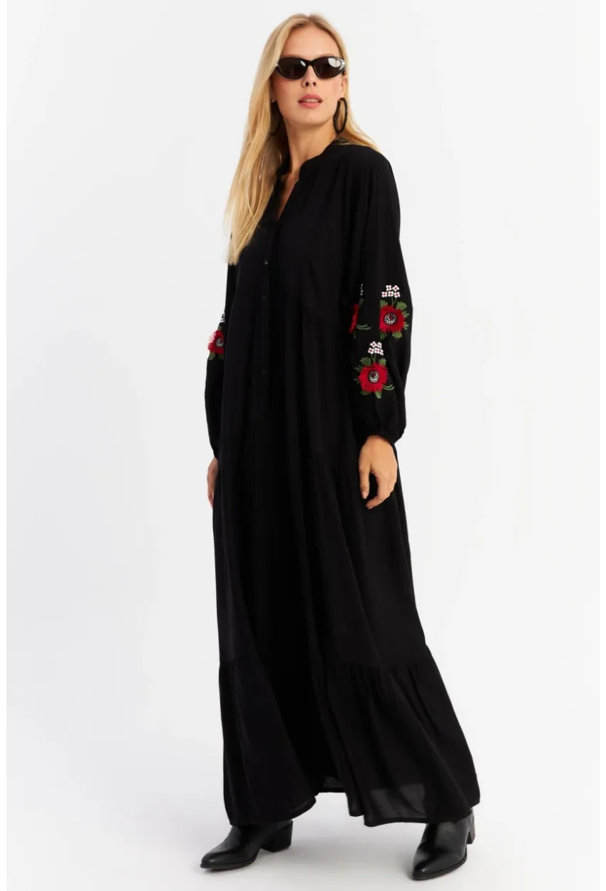 Kadın Siyah Volanlı Maxi Elbise MALO9