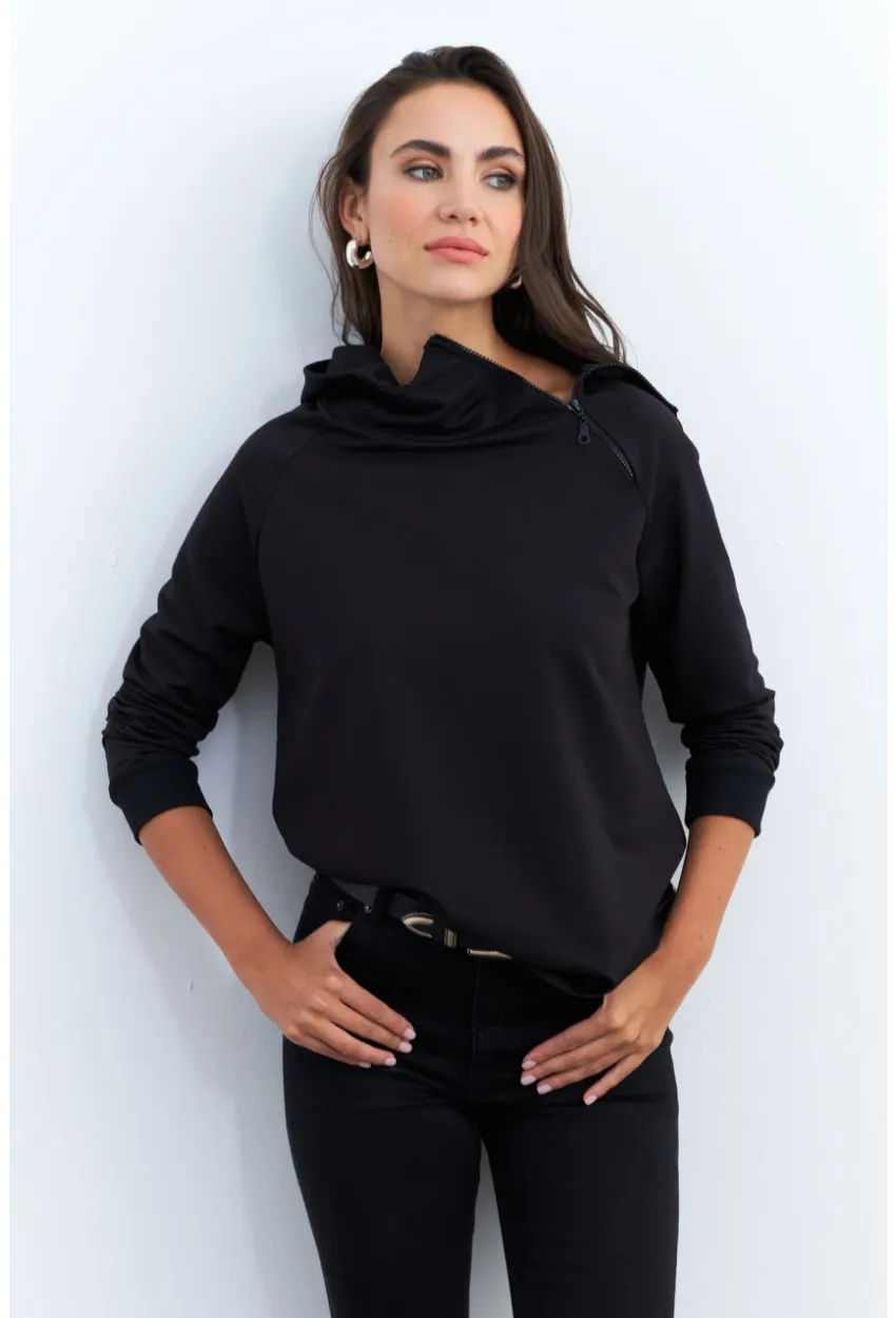 Kadın Siyah Yakası Fermuarlı Sweatshirt TF11