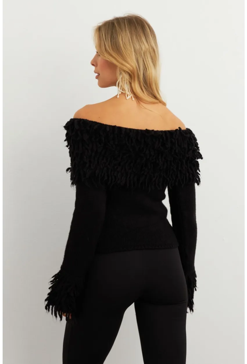 Kadın Siyah Yakası Sakallı Madonna Bluz KZ542