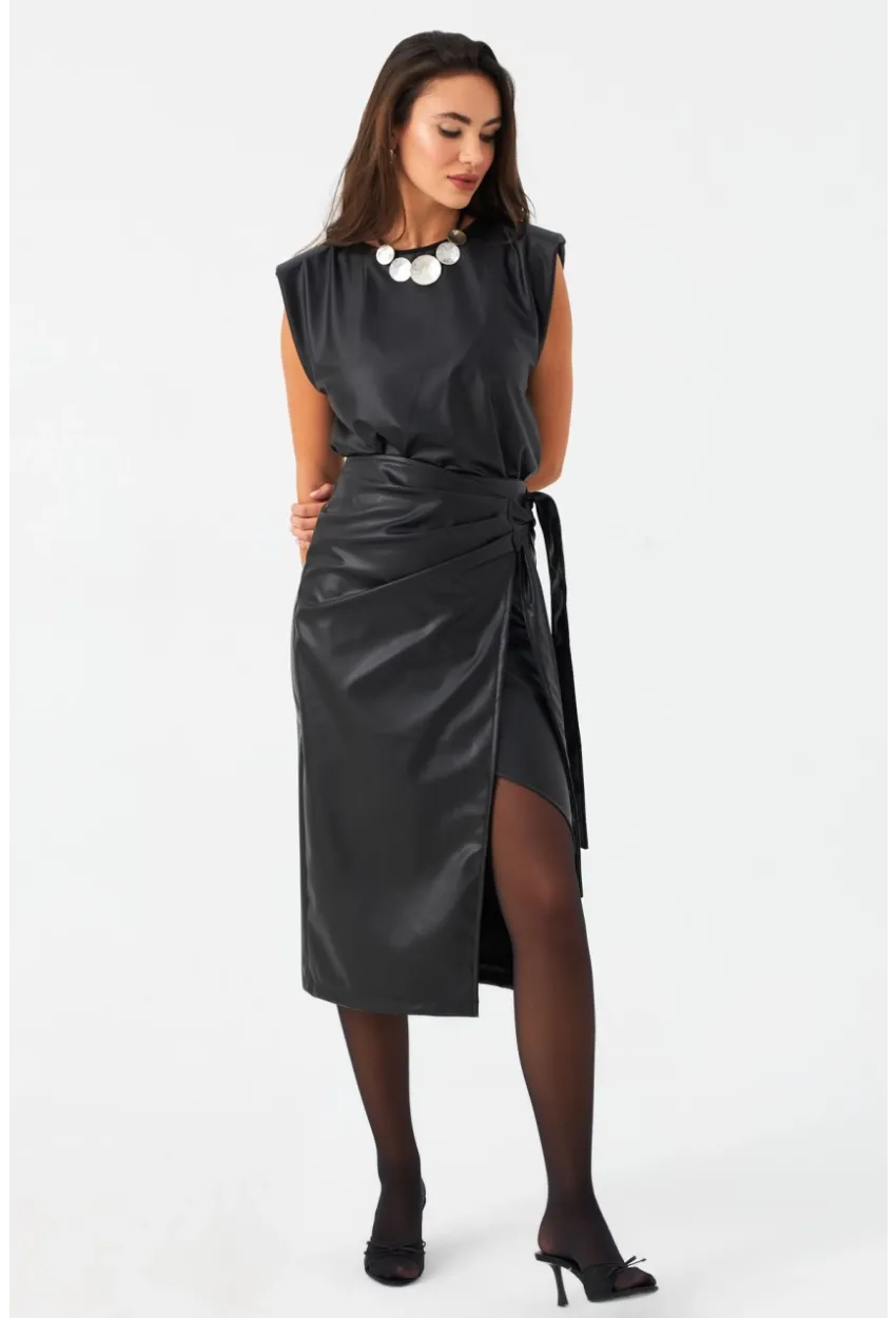 Kadın Siyah Yandan Bağlamalı Kruvaze Suni Deri Etek NH94