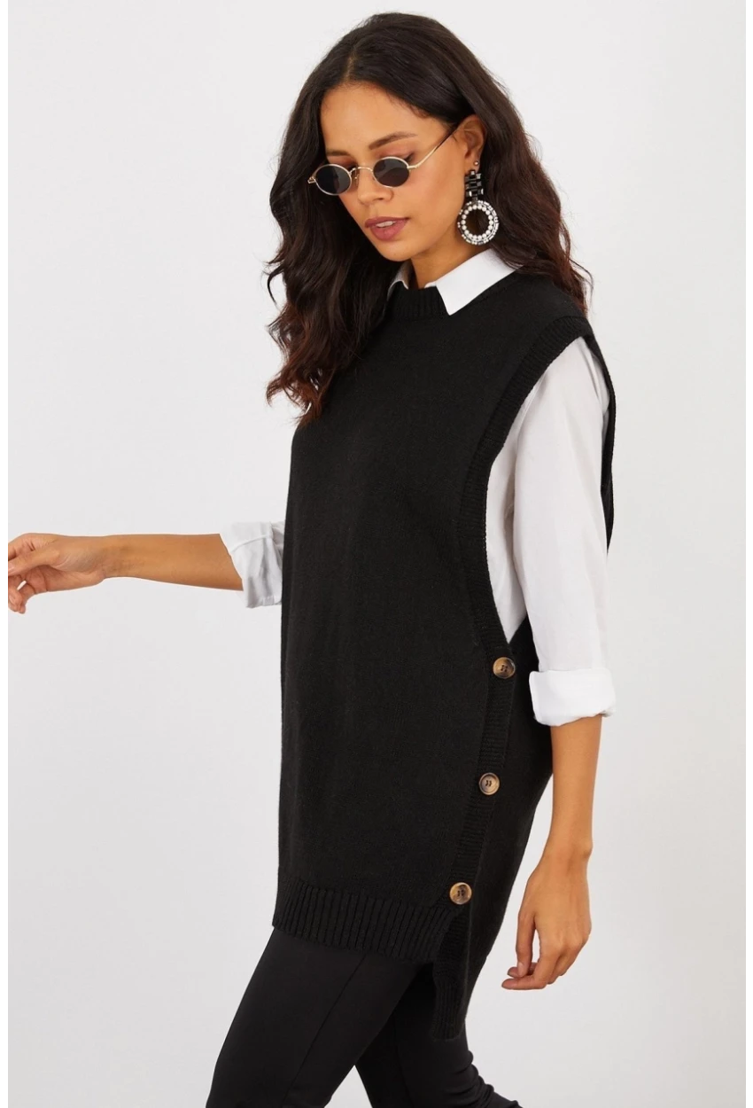 Kadın Siyah Yanları Düğmeli Kolsuz Triko Tunik MYV75