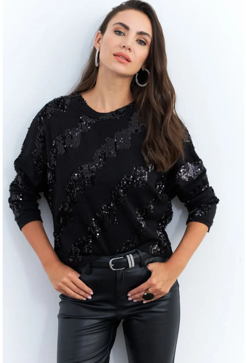 Kadın Siyah Yarasa Kol Payetli Triko Bluz PP6435