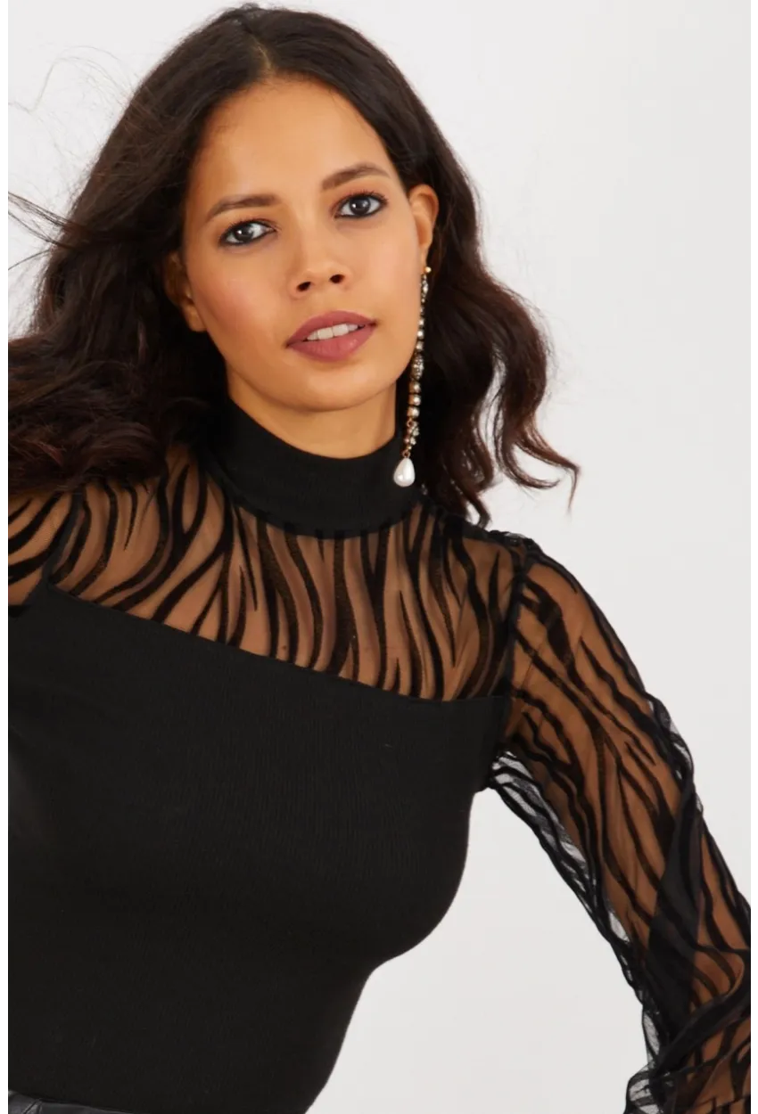 Kadın Siyah Yarım Balıkçı Üstü Tül Kaşkorse Bluz Yİ2401