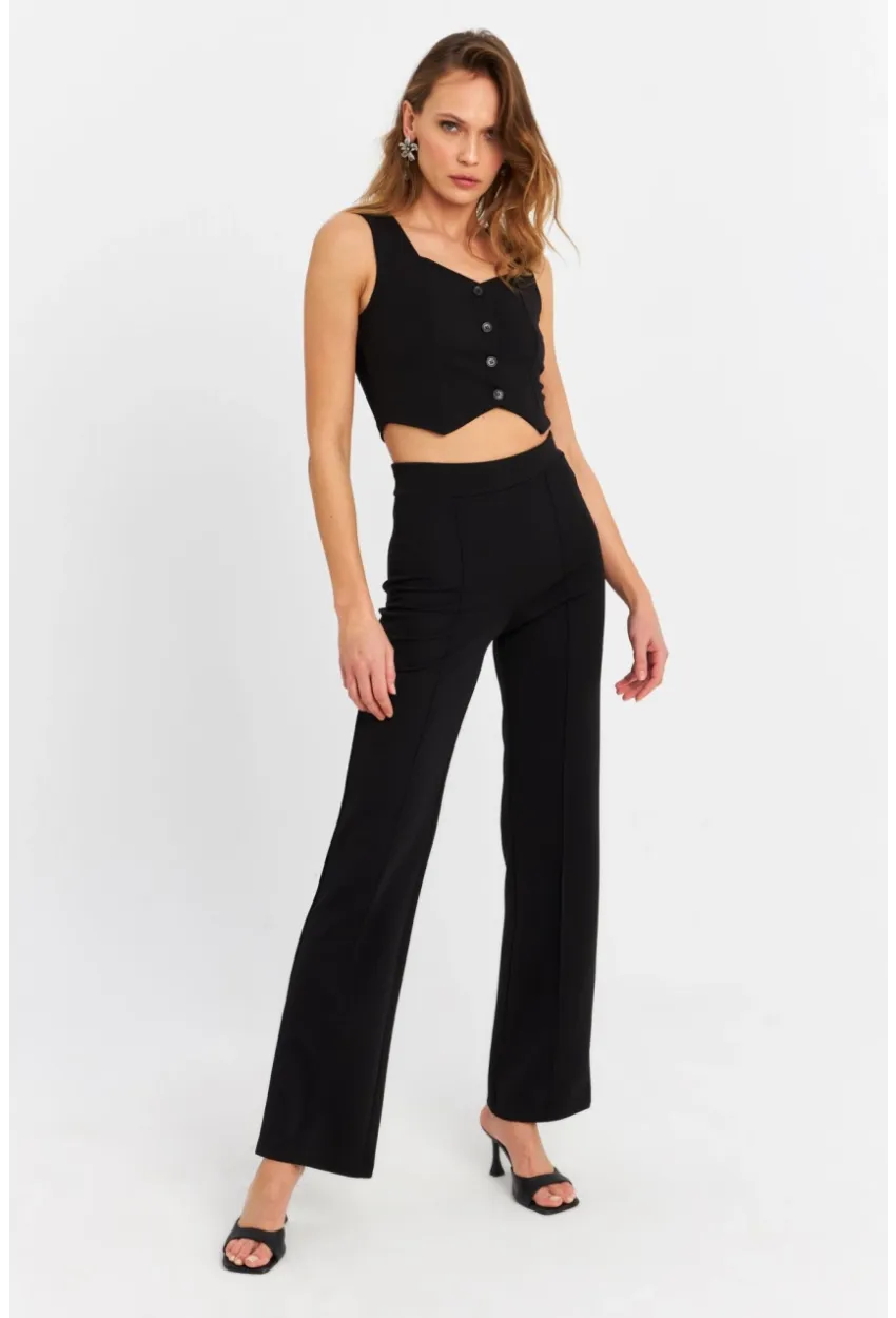 Kadın Siyah Yelekli Pantolon Takım RU9623