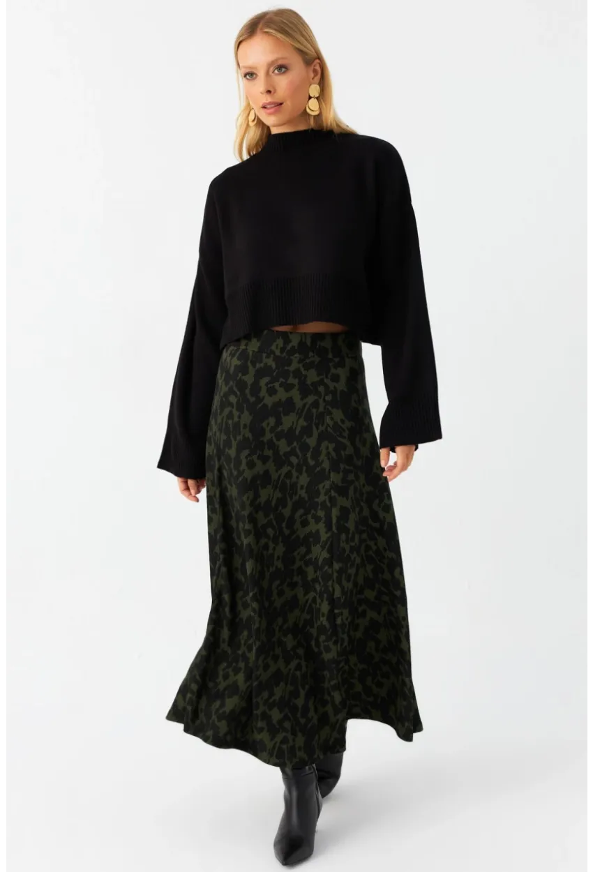 Kadın Siyah-Yeşil Desenli Çan Etek LON3007