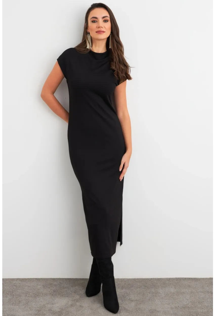 Kadın Siyah Yırtmaçlı Basic Midi Elbise AYD408