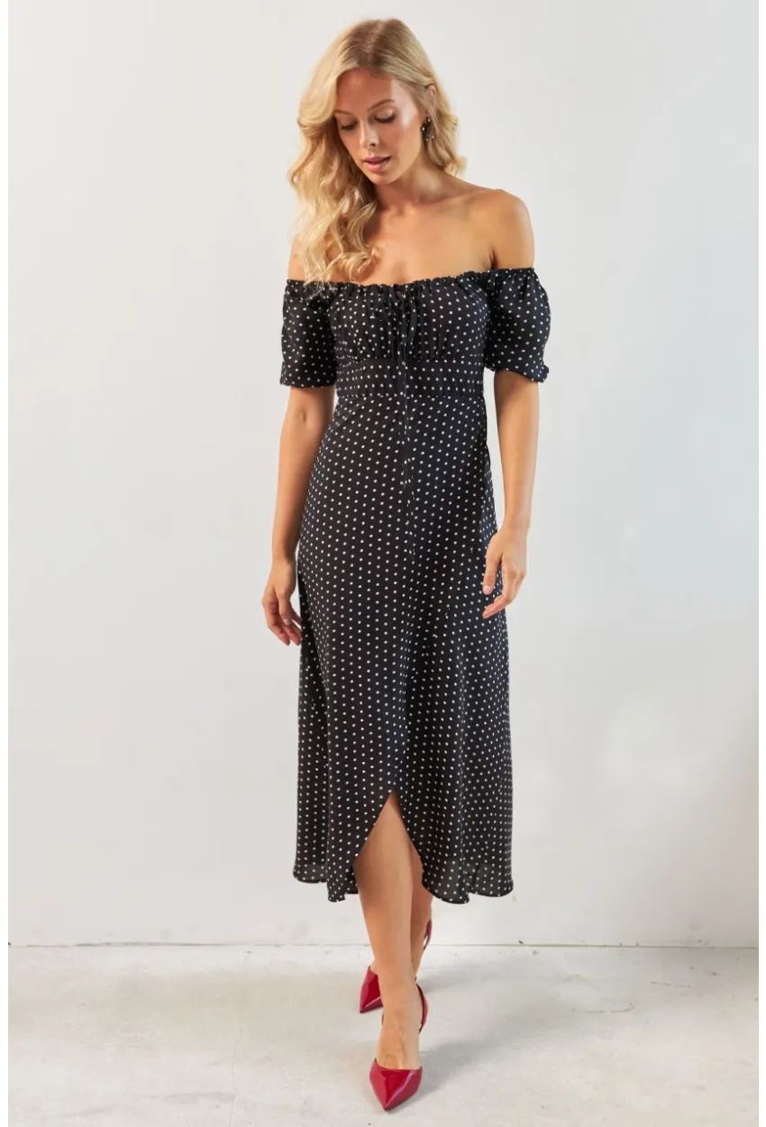 Kadın Siyah Yırtmaçlı Desenli Midi Elbise KED0243