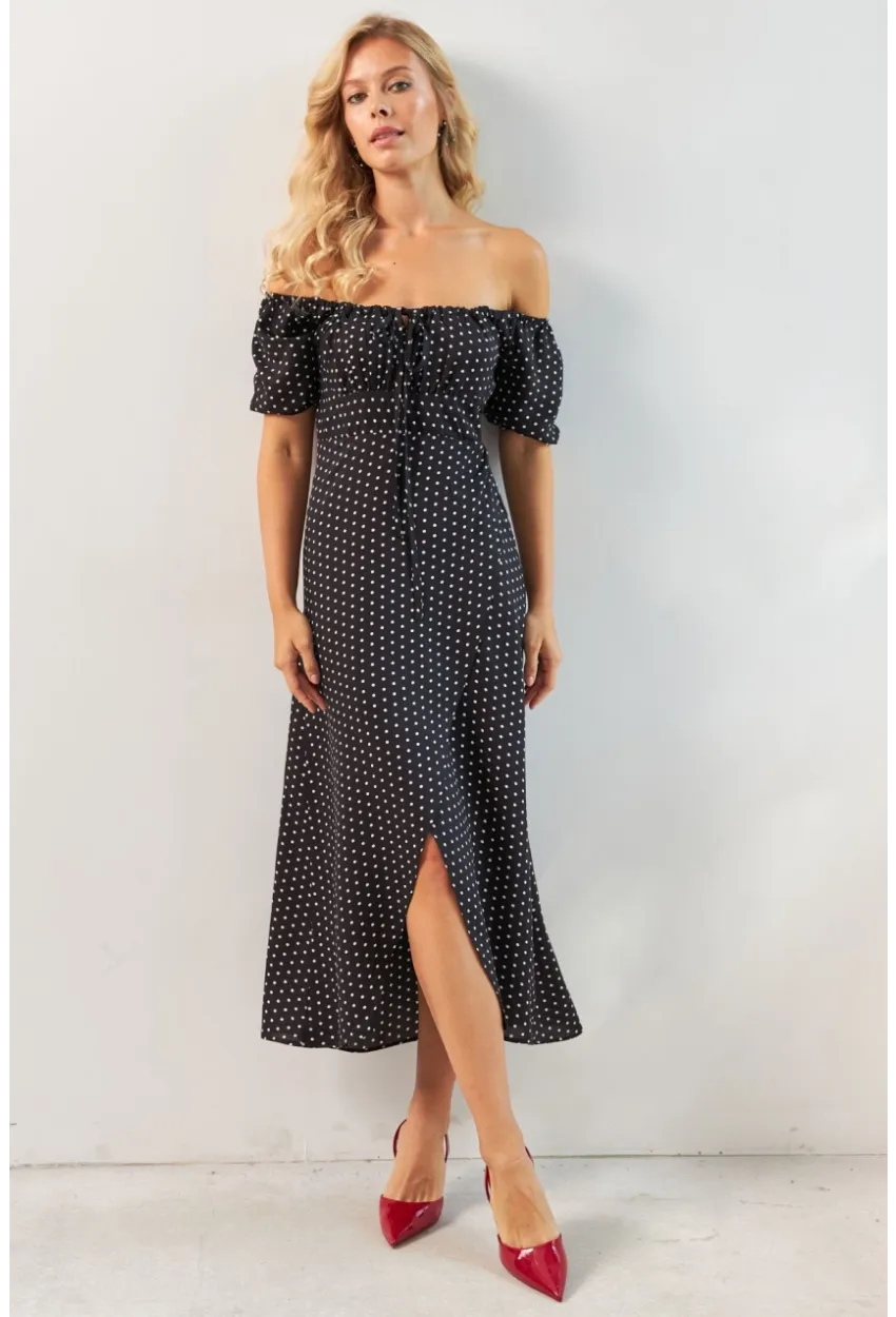 Kadın Siyah Yırtmaçlı Desenli Midi Elbise KED0243