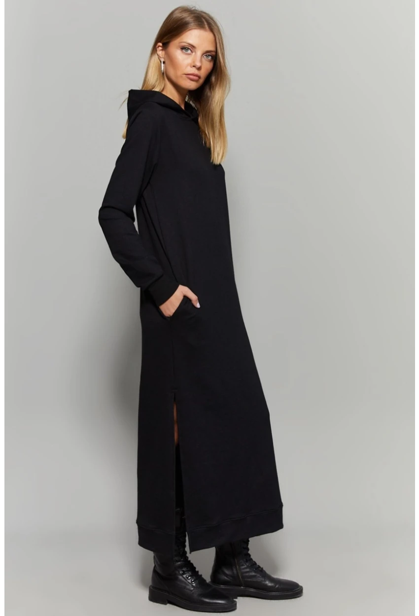 Kadın Siyah Yırtmaçlı Kapüşonlu Maxi Elbise EY1111