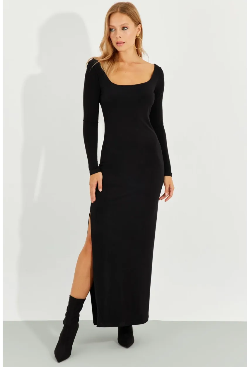 Kadın Siyah Yırtmaçlı Maxi Elbise MEN2007