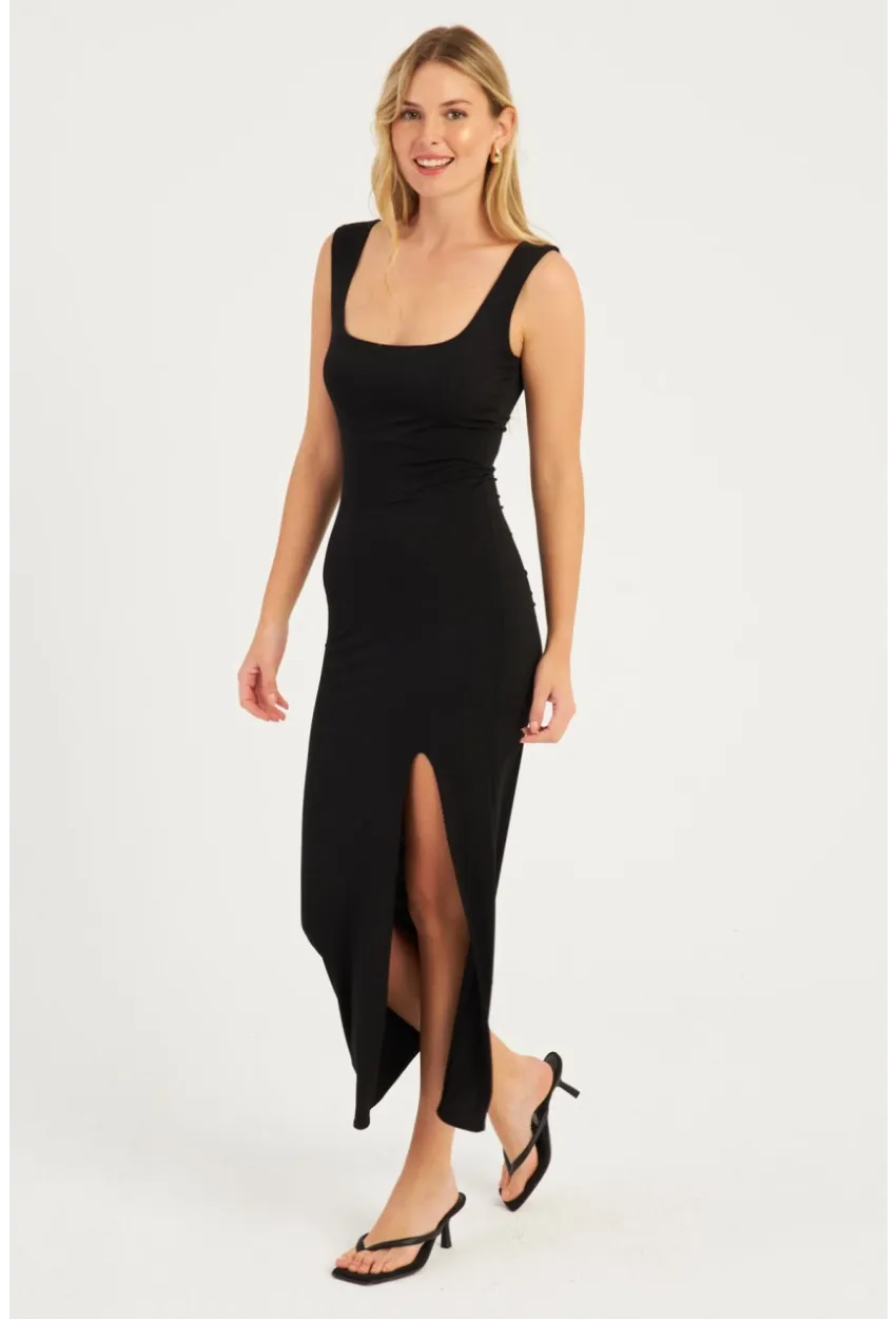 Kadın Siyah Yırtmaçlı Midi Elbise  MON1152