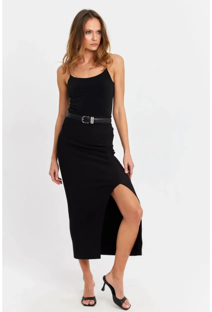 Kadın Siyah Yırtmaçlı Midi Etek MOD1854