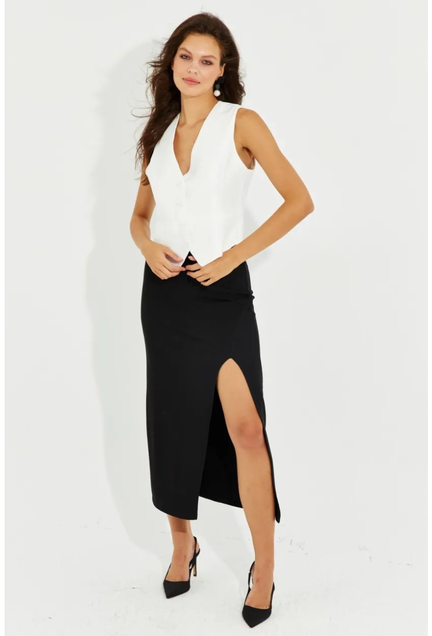 Kadın Siyah Yırtmaçlı Midi Etek RMZ20522