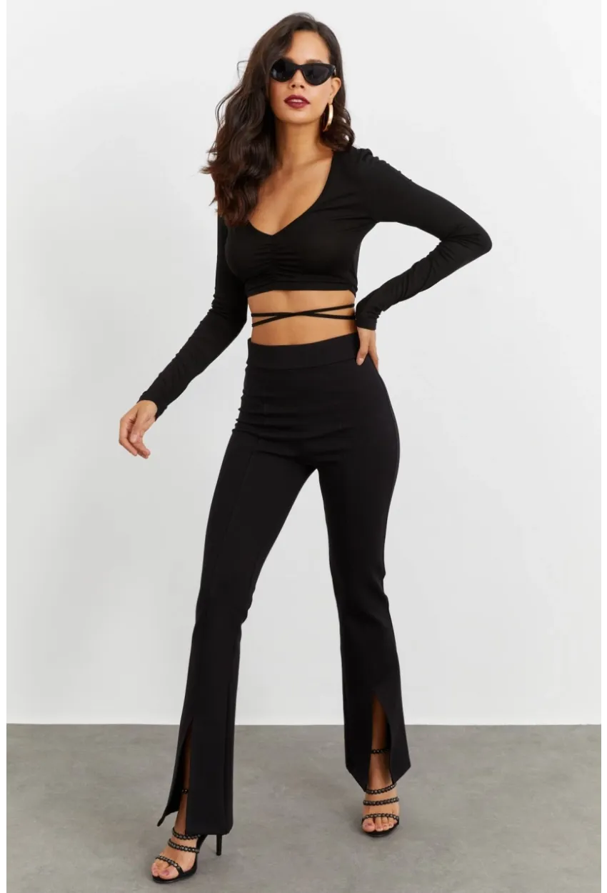 Kadın Siyah Yırtmaçlı Pantolon BK1528