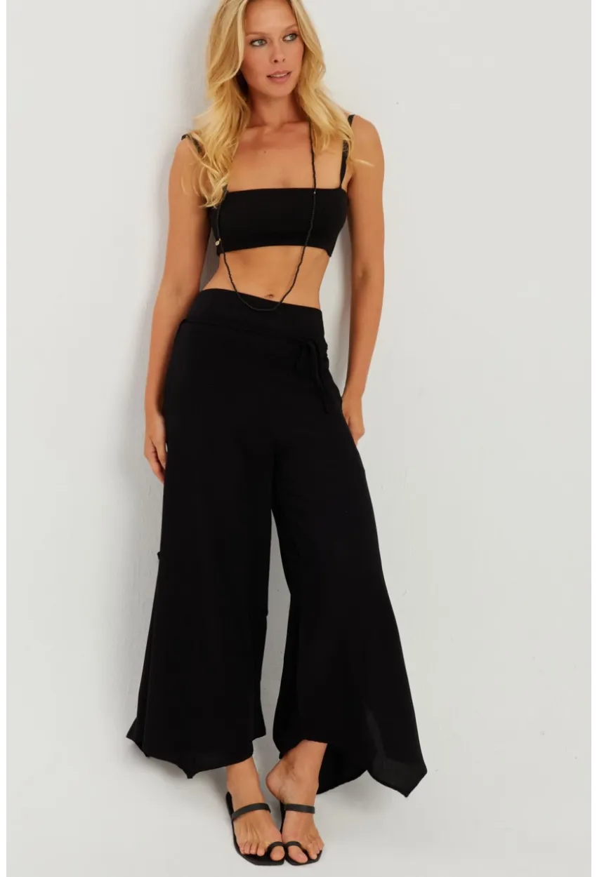 Kadın Siyah Yırtmaçlı Pantolon ÖM405