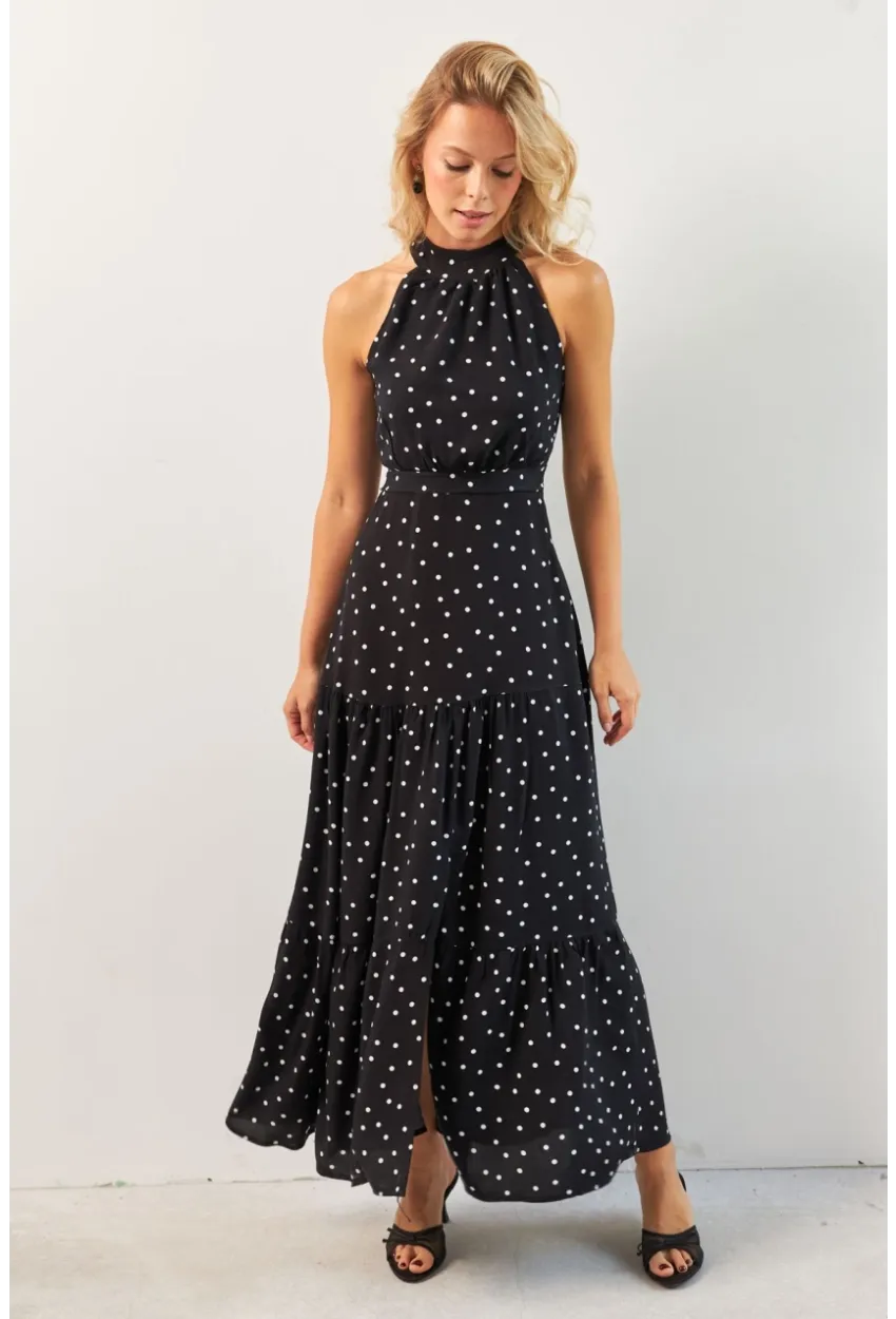 Kadın Siyah Yırtmaçlı Puantiyeli Midi Elbise KED4233