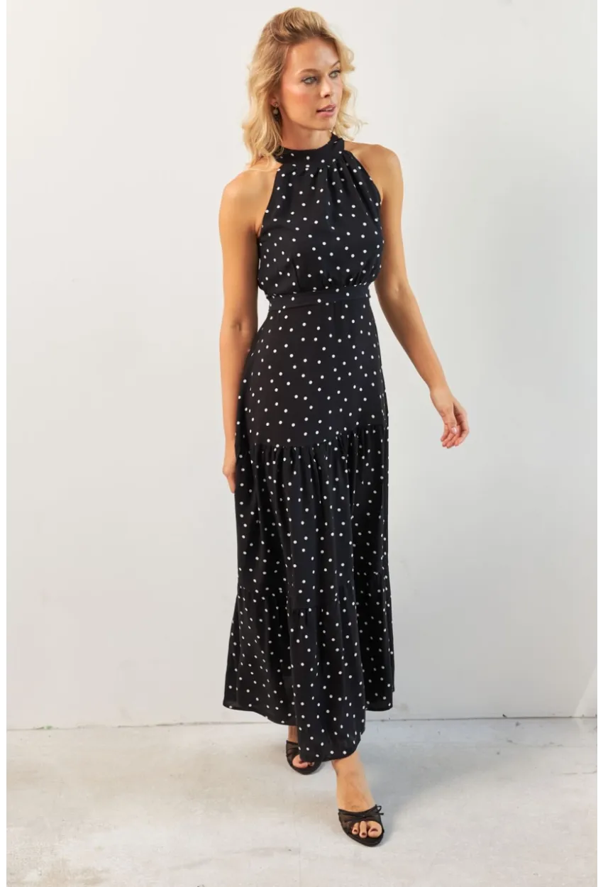 Kadın Siyah Yırtmaçlı Puantiyeli Midi Elbise KED4233