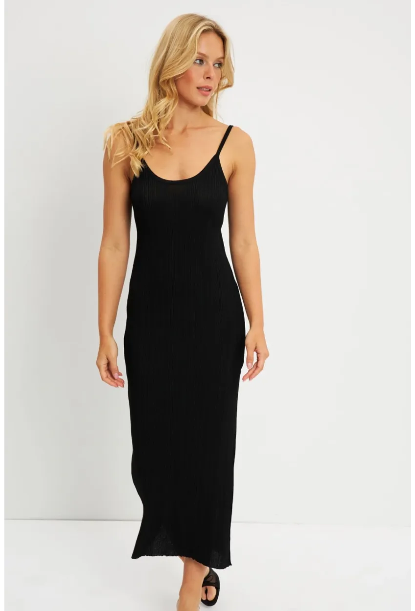 Kadın Siyah Yırtmaçlı Triko Midi Elbise KZ535