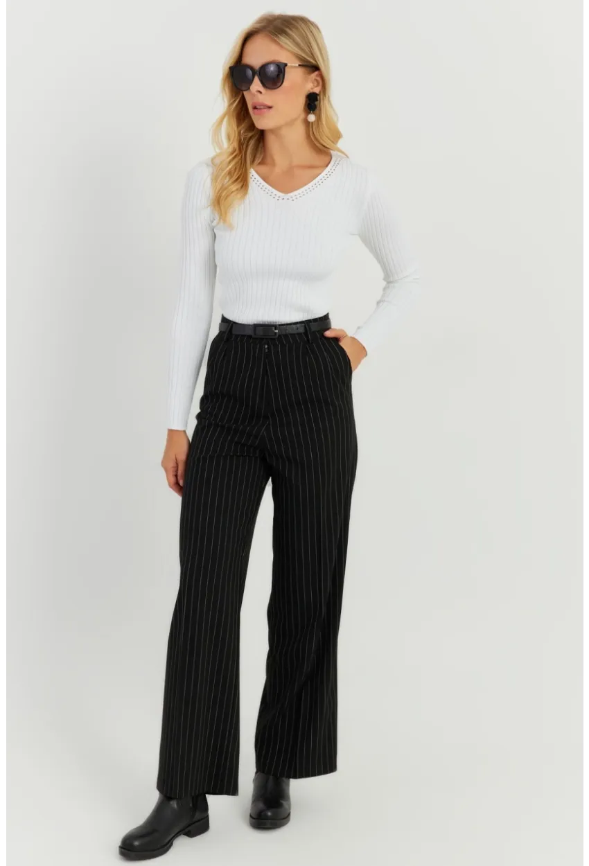 Kadın Siyah Yüksek Bel Çizgili Pantolon ELA108
