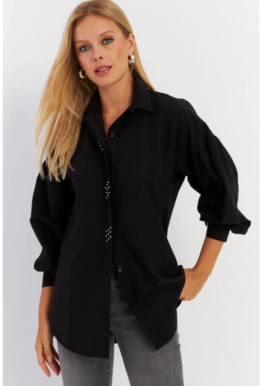 Kadın Siyah Zımbalı Gömlek MASF08