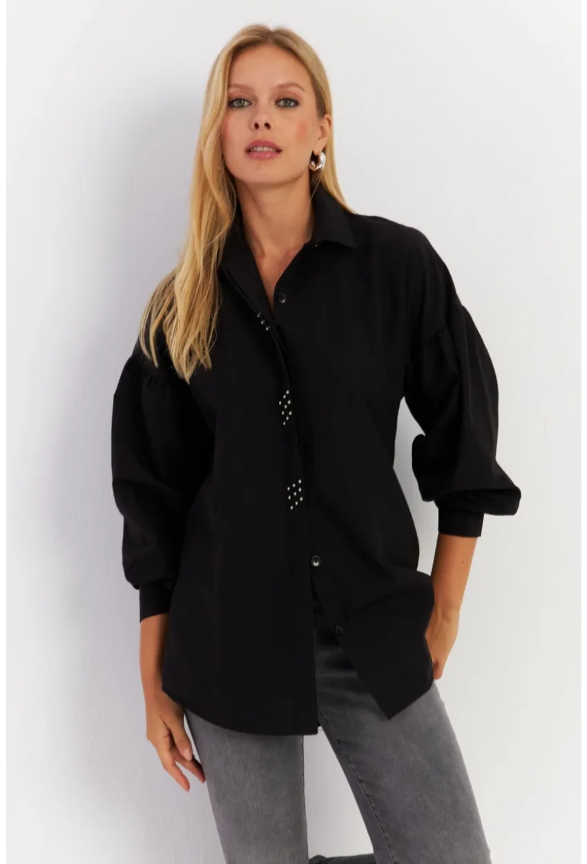 Kadın Siyah Zımbalı Gömlek MASF08