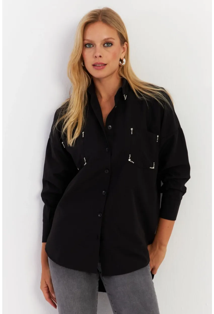 Kadın Siyah Zımbalı Gömlek MASF2