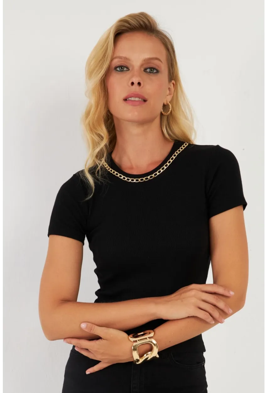 Kadın Siyah Zincir Aksesuarlı Bluz XL2020