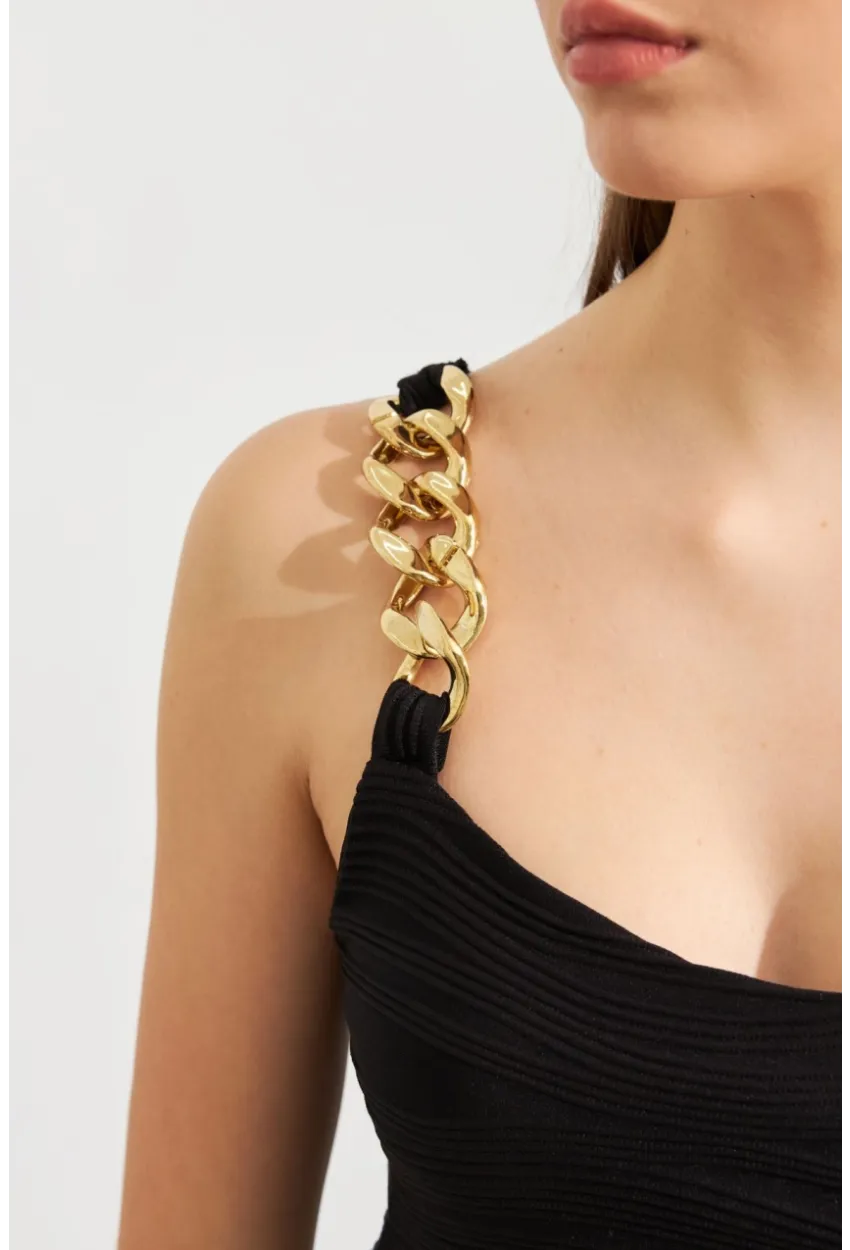 Kadın Siyah Zincir Askılı Astarlı Crop Bluz LİT109