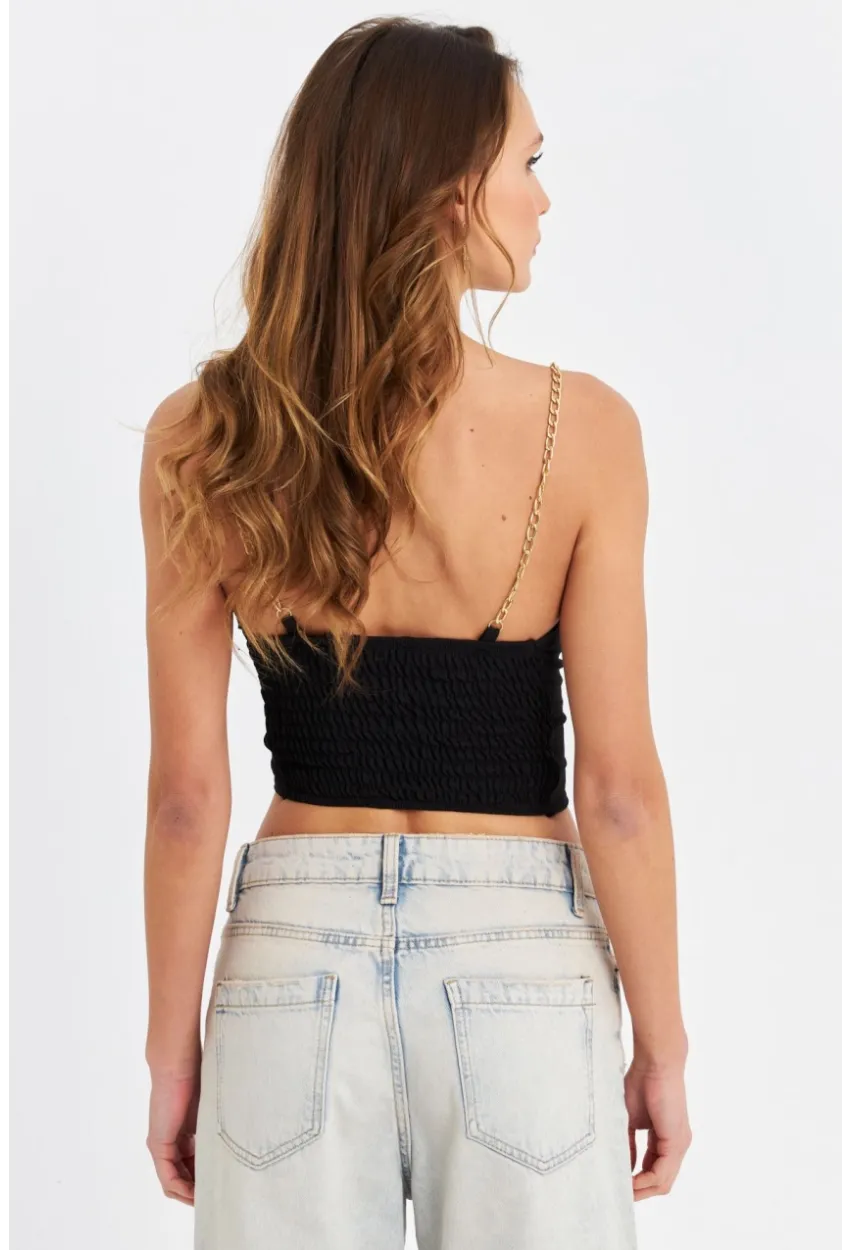 Kadın Siyah Zincir Askılı Crop Bluz LİT100