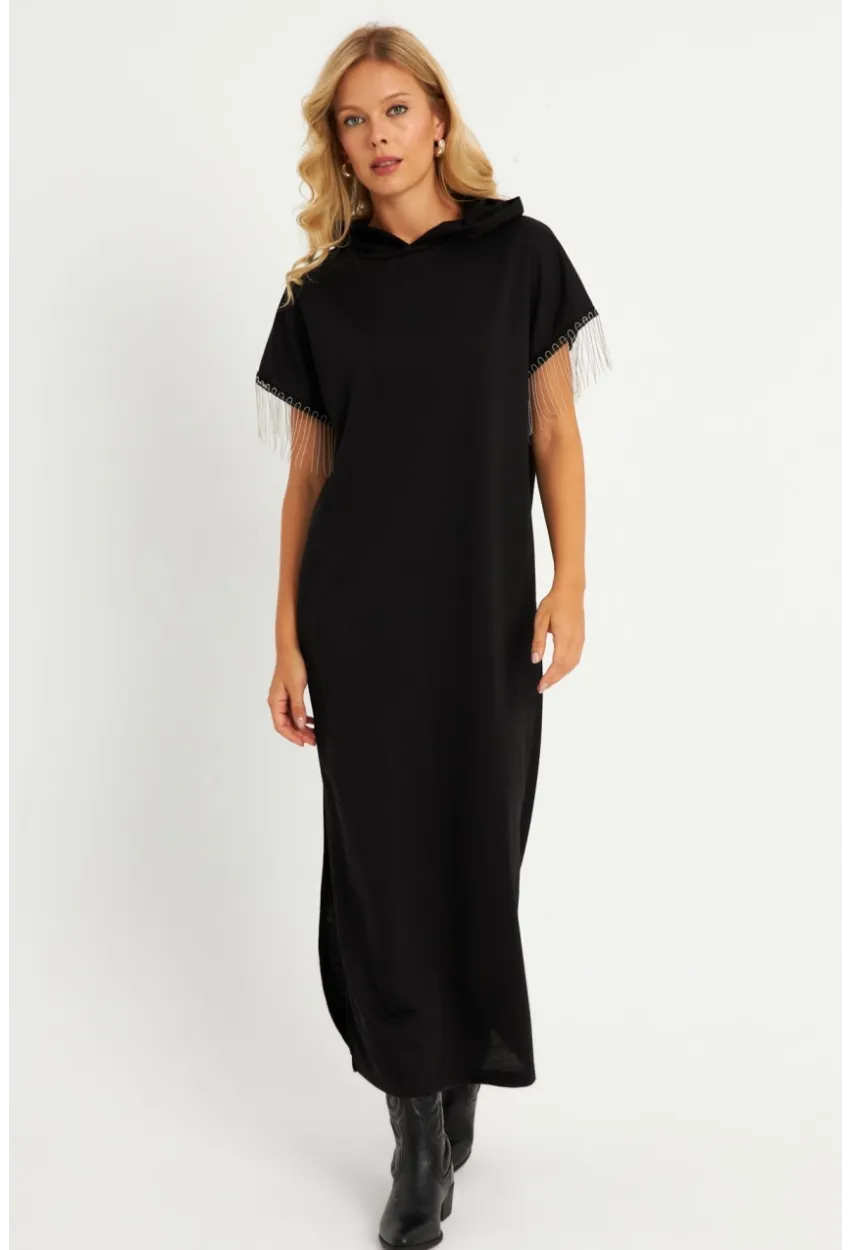 Kadın Siyah Zincir Detaylı Kapüşonlu Midi Elbise      EY2904